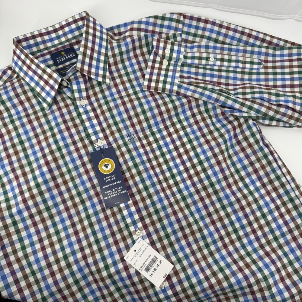 Stafford Dress Shirt Mens 16.5 34-35 Burgundy Multi Check Travel Performance NWT